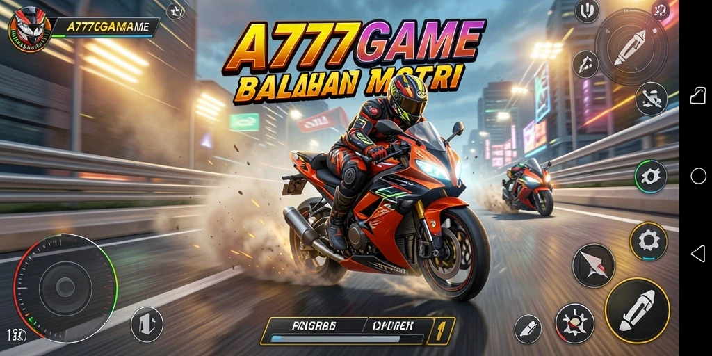 Screenshot A777GAME menampilkan aksi balapan motor yang mendebarkan.