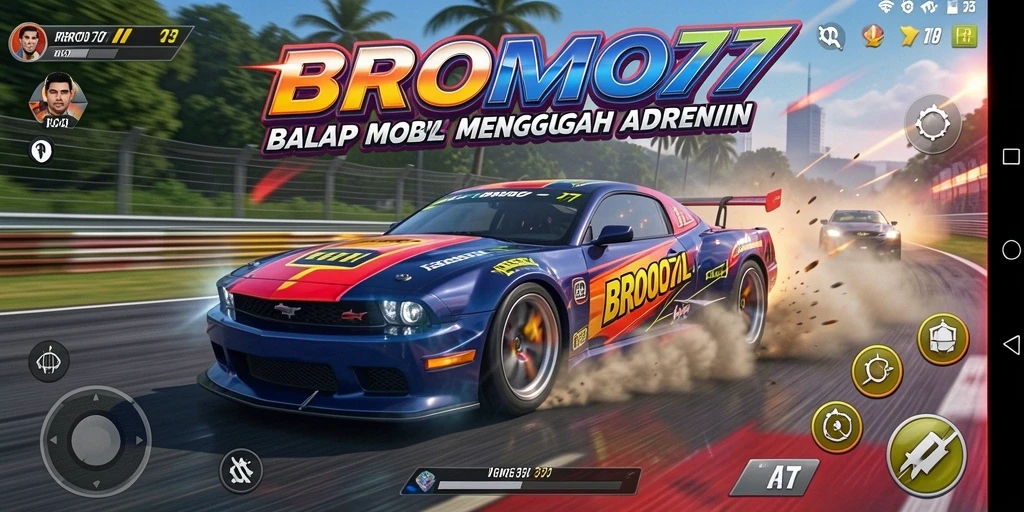 Screenshot BROMO77 menampilkan balapan mendebarkan dengan mobil yang melaju kencang.