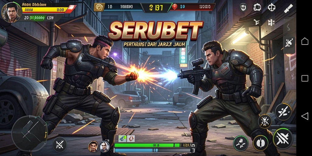 Screenshot gameplay SERUBET dengan aksi tembak-menembak yang intens.
